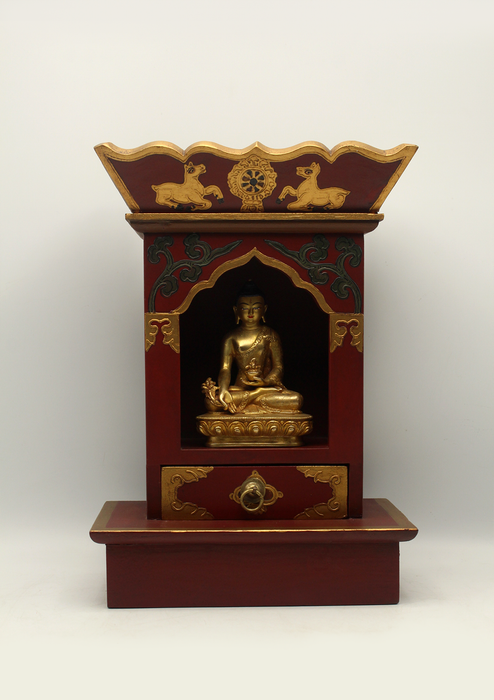 Handpainted Tibetan Red Wooden Shrine Altar Box with Lotus Flower