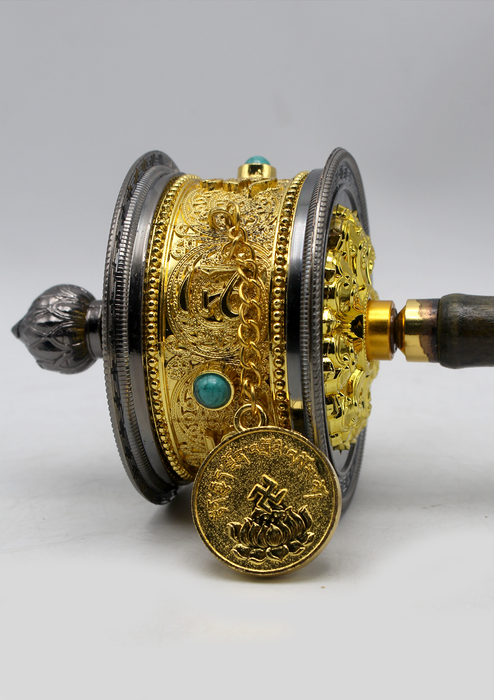 Large Tibetan Handheld Prayer Wheel Inlaid Coral and Turquoise