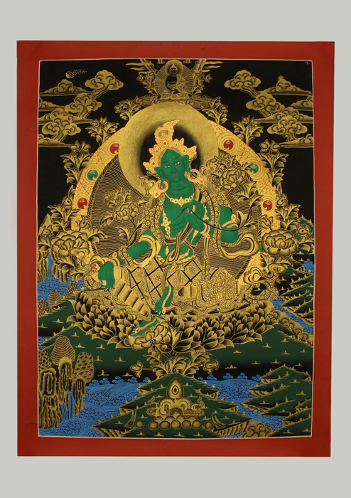 Golden Green Tara on Lotus Thangka Painting