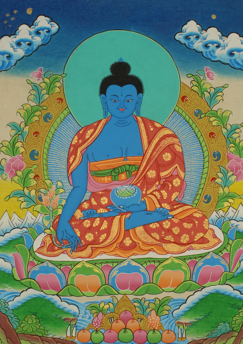 Medicine Buddha  Seated on Double  Lotus Thangka Painting