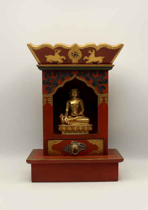 Handpainted Tibetan Wooden Shrine  Altar Box with Dharmawheel