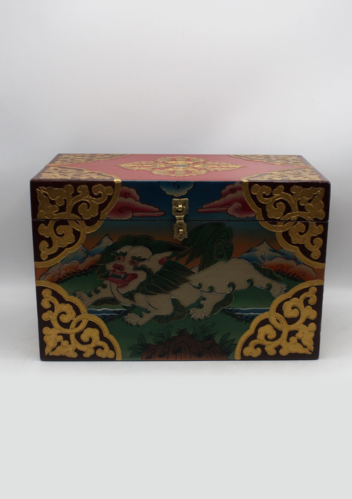 Snow Lion Handpainted Tibetan Wooden Box 14.5"