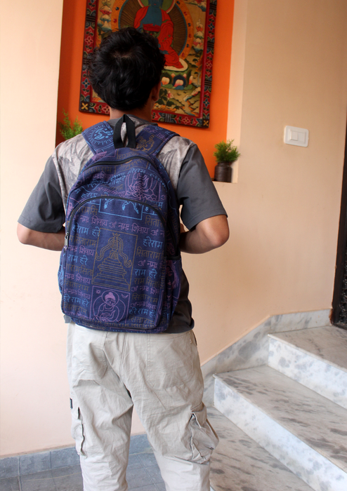 Hari Ram Hari Dark Blue Buddhist Print Rucksack