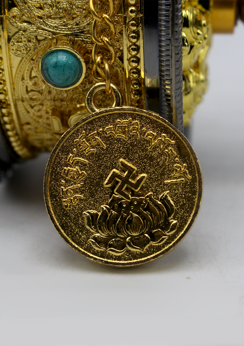 Large Tibetan Handheld Prayer Wheel Inlaid Coral and Turquoise