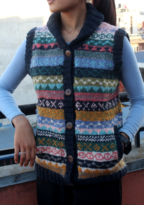 Blue Handknitted Women's Multicolor Cardigan Sweater Vest