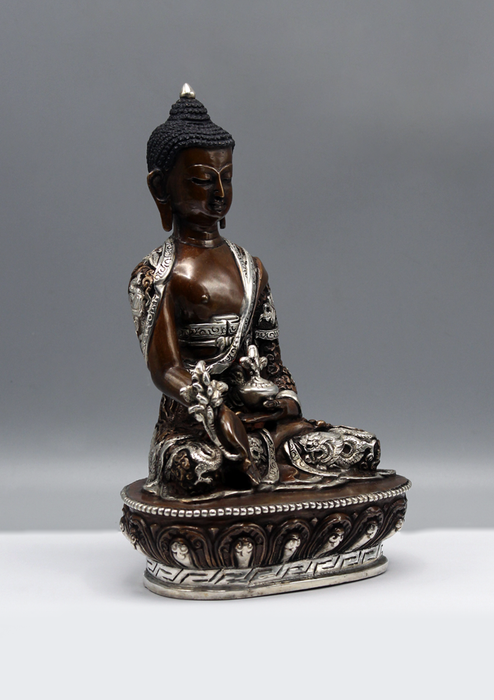 Silver Copper Medicine Buddha Statue 8"H