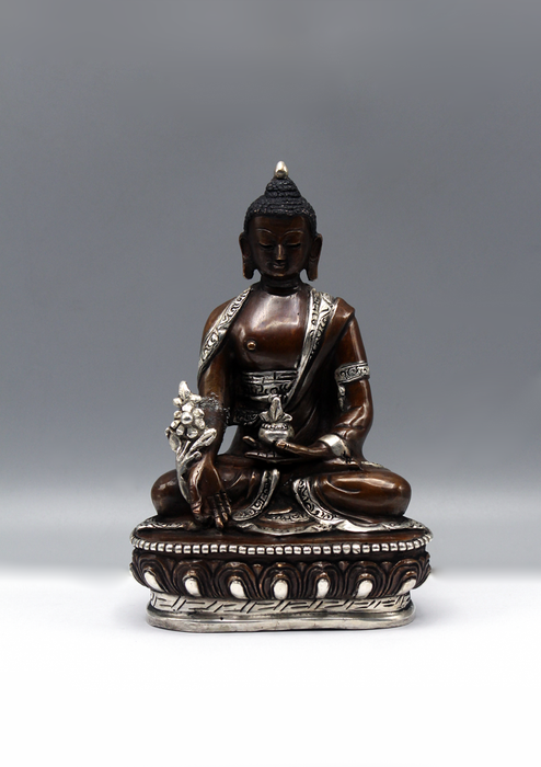 Silver Copper Medicine Buddha Statue 6"H