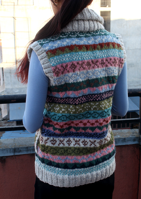 Pink Handknitted Women's Multicolor Cardigan Sweater