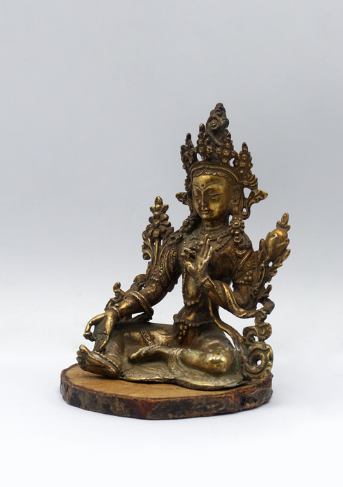 Fully Gold-Plated Green Tara Statue with Antique Finish 5"H