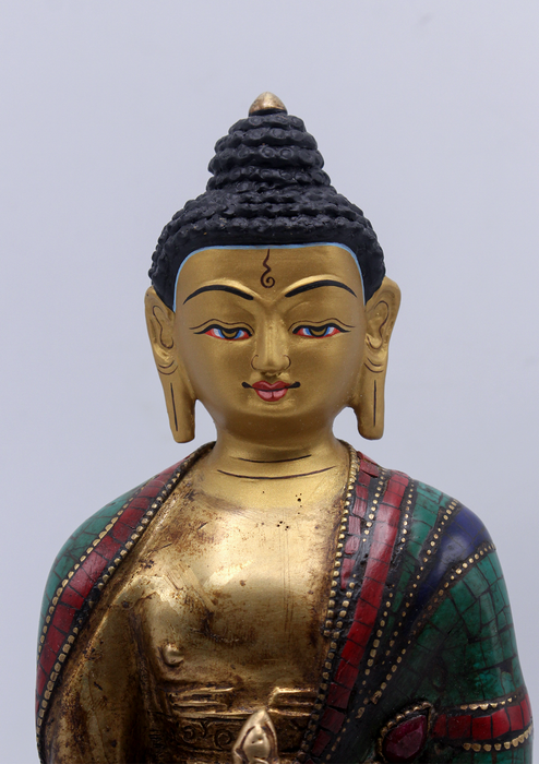 Stone Inlaid Copper Medicine Buddha Statue 8"H