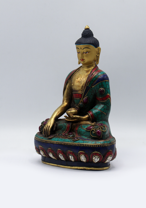 Stone Inlaid Copper Shakyamuni Buddha Statue 8"H