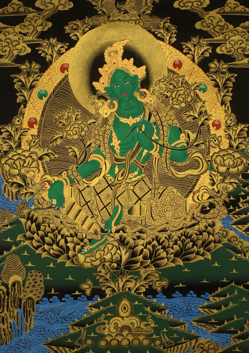 Golden Green Tara on Lotus Thangka Painting