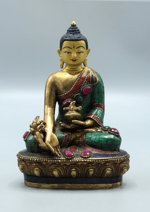 Face Painted Ruby and Emerald Inlaid Medicine Buddha Statue 5.5"