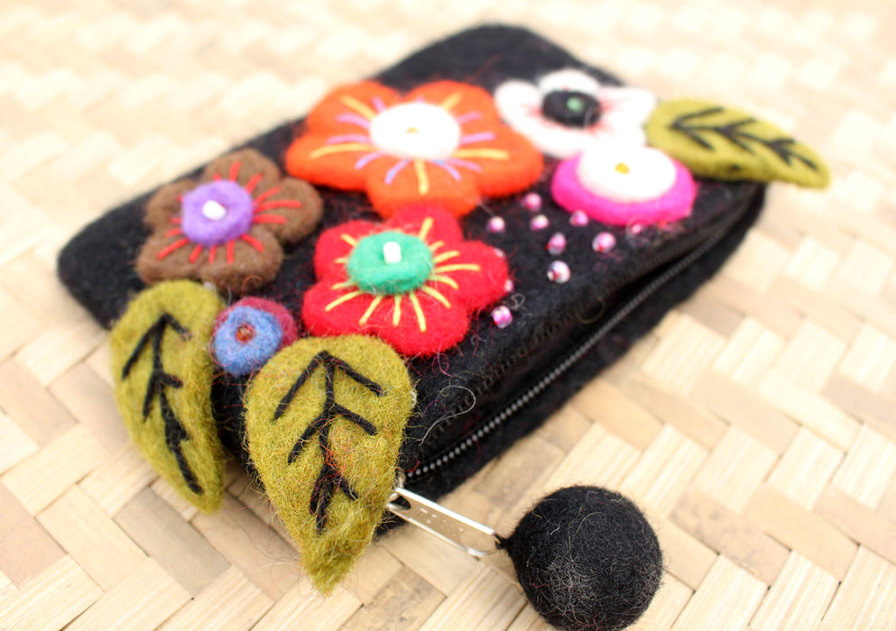 Black Felt Coin Purse Decorated with Sunflower & Beads - nepacrafts