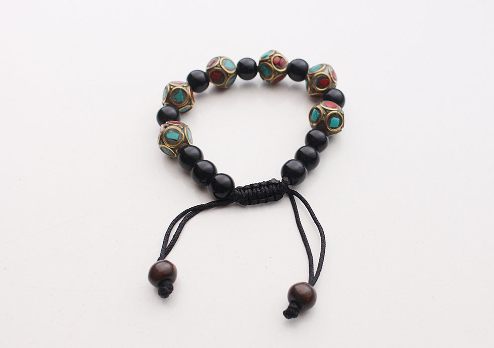 Black Beads Wrist Mala with Octagonal Tibetan Beads - nepacrafts