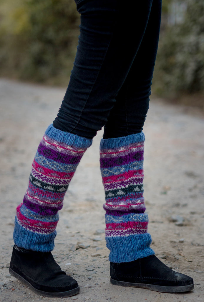 Grey blue and red mixed colors woolen leg warmers