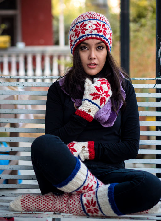 Red White Winter Combo of Hand Knitted Pure Woolen Cap, Convertible Mittens and Socks - nepacrafts