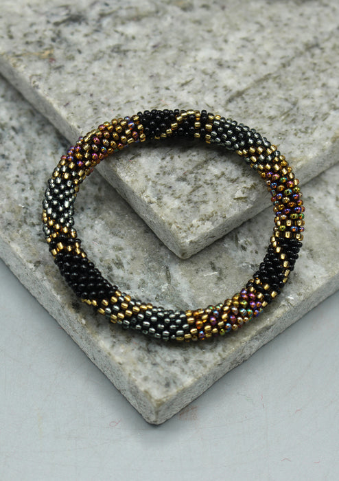 Shiny Gold, Black & Mixed Color Beads Nepalese Roll on Bracelet