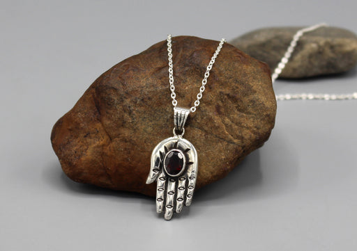 Garnet Inlaid Hamsa Sterling Silver Pendant - nepacrafts