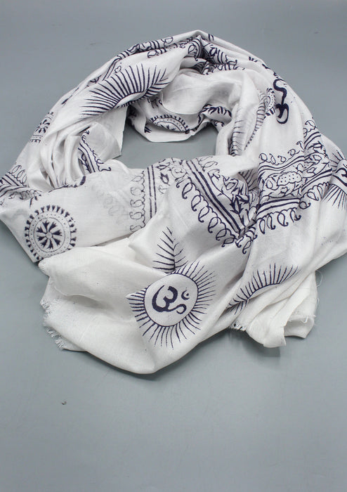 White with Black Print Om Prayer Shawl, Large Om Meditation Scarf