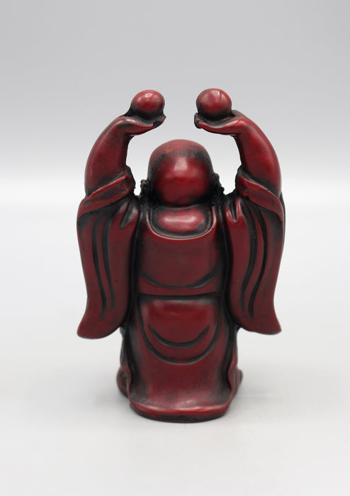 Laughing Buddha Raising Both Hands Maroon Resin Statue - nepacrafts