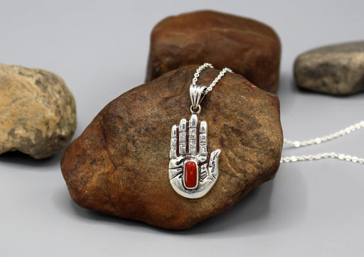 Coral Inlaid Hamsa Sterling Silver Pendant - nepacrafts