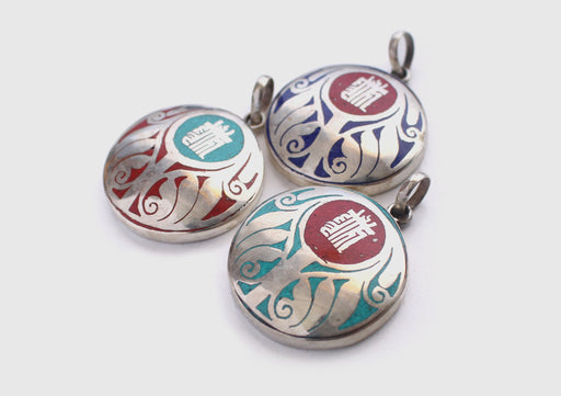 Tibetan Kalachakra Lotus Painted White Metal Pendant - nepacrafts