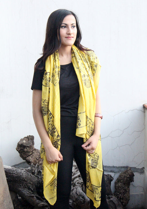 Elephant Print Yellow Cotton Jari Shawl/Scarf - nepacrafts