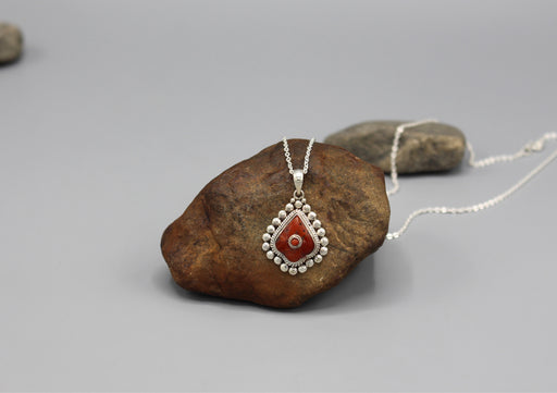 Coral Inlaid Tear Drop Sterling Silver Pendant - nepacrafts