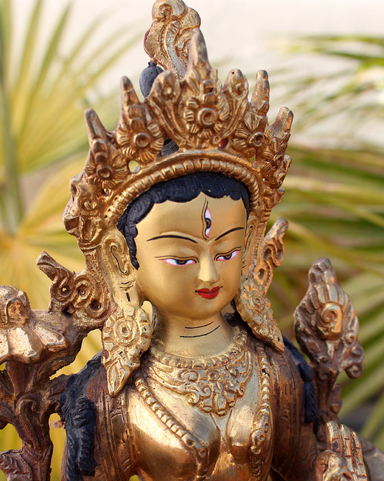 Partly Gold Plated Magical White Tara Statue 8 Inch - nepacrafts