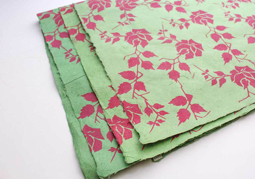 Pink Rose and Leaf Printed Green Gift Wrapping Paper - nepacrafts