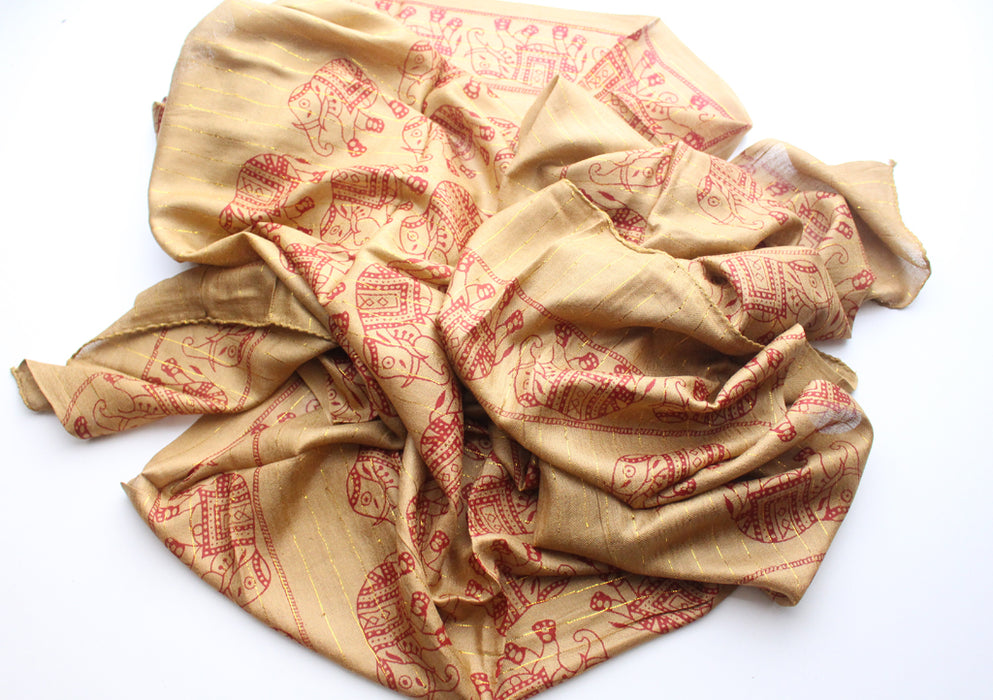 Cotton Meditation Scarf with Elephant Print, Light Brown Jari Shawl/Scarf - nepacrafts