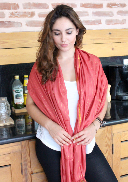 Coral Cotton Jari Shawl - nepacrafts