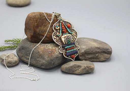 Stupa Chorten Inlaid Sterling Silver Pendant - nepacrafts