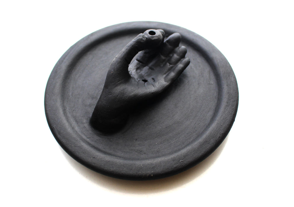 Round Ceramic Base Plate with Offering Hand Incense Holder - nepacrafts