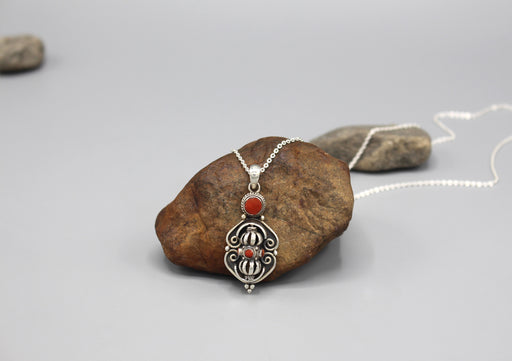 Coral Inlaid Spinning Dorjee Silver Sterling Pendant - nepacrafts