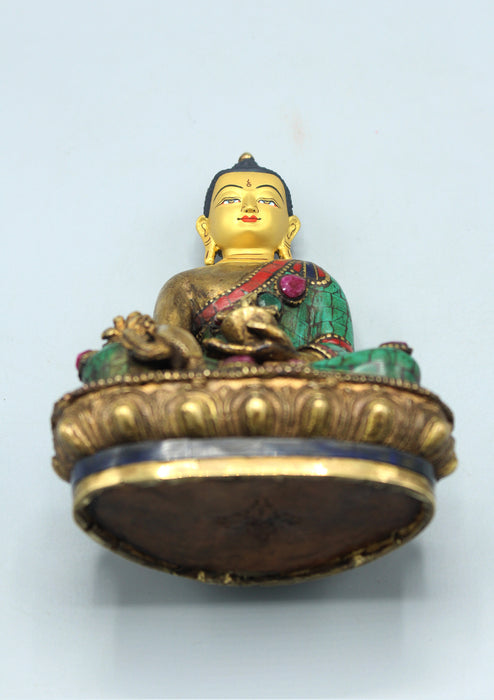 Face Painted Ruby and Emerald Inlaid Medicine Buddha Statue 5.5"