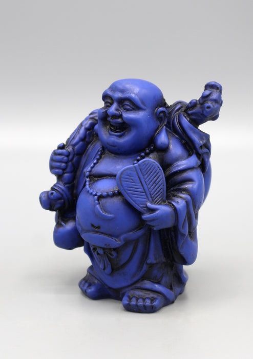 Blue Laughing Buddha with Fan Resin Statue - nepacrafts