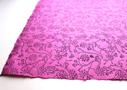 Black Flower and Leaf Printed Pink Handmade Gift Wrapping Lokta Paper Sheets - nepacrafts