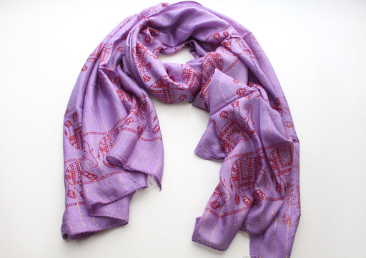 Violet Purple Cotton Meditation Scarf with Elephant Print, Jari Shawl/Scarf - nepacrafts