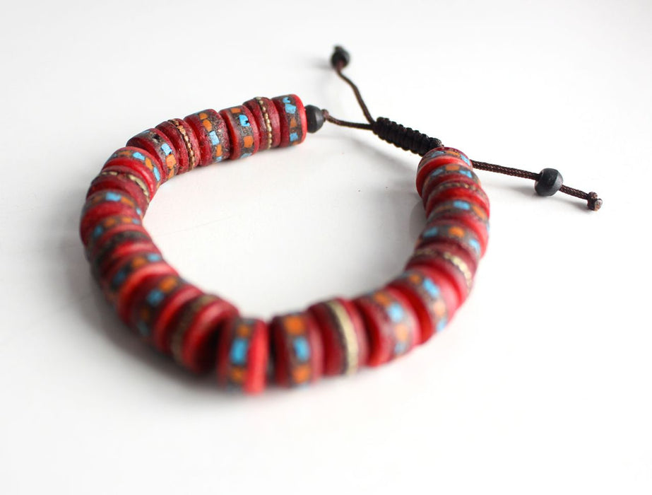 Red Inlaid Flat Bone Beads Bracelet - nepacrafts