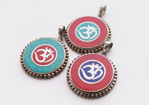 Hindu Om and Kalachakra White Metal Tibetan Pendant - nepacrafts