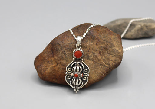 Coral Inlaid Spinning Dorjee Silver Sterling Pendant - nepacrafts