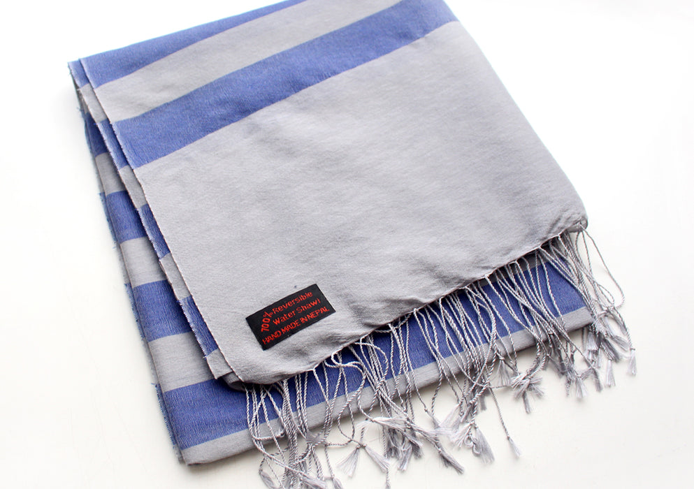 Reversible Blue Striped Gray Color Water Pashmina Shawl - nepacrafts