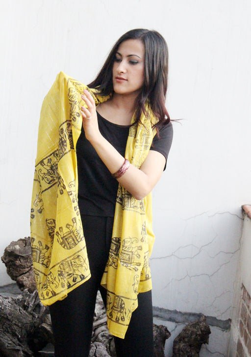 Elephant Print Yellow Cotton Jari Shawl/Scarf - nepacrafts