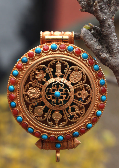 Turquoise and Coral Inlaid Goldplated Silver Sterling Astamangal Gau Pendant - nepacrafts