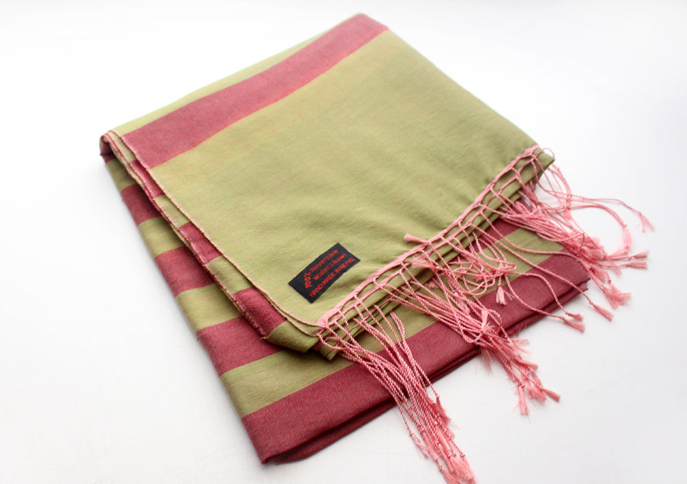 100% Reversible Dark Pink Striped Green Water Pashmina Shawl - nepacrafts