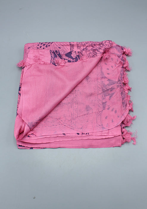 Pure Cotton Peacock Print Dark Pink Shawl with Furka