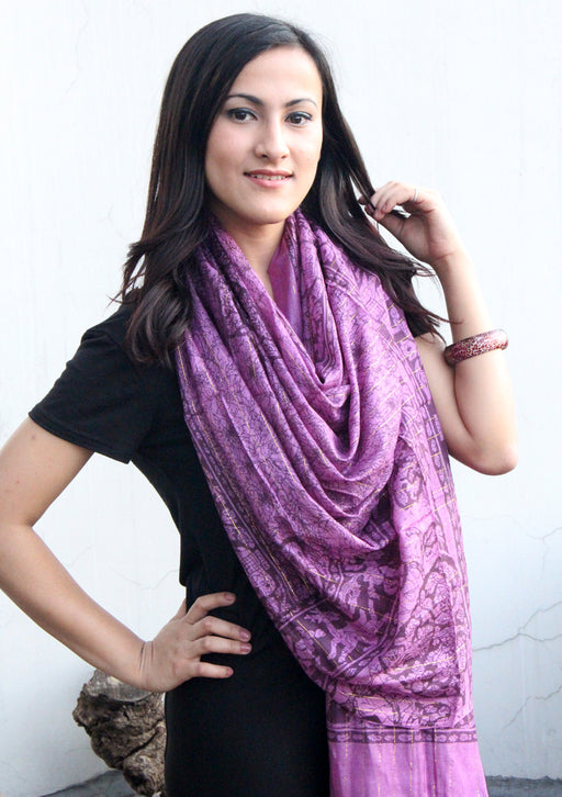 Cotton Dark Purple Scarf with Flower and Elephant Print From Nepal - nepacrafts