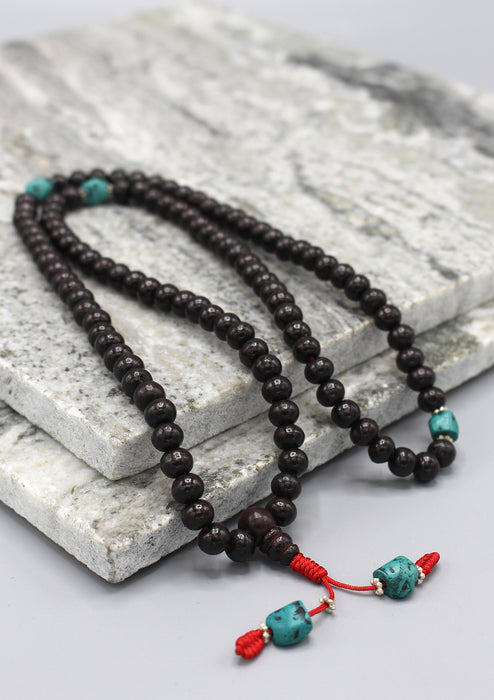 Black Rosewood Tibetan Prayer Mala with Turquoise Counter - nepacrafts